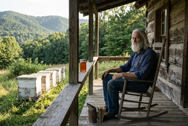 Old Buck in a rocking chair on his porch, facing the bee yard